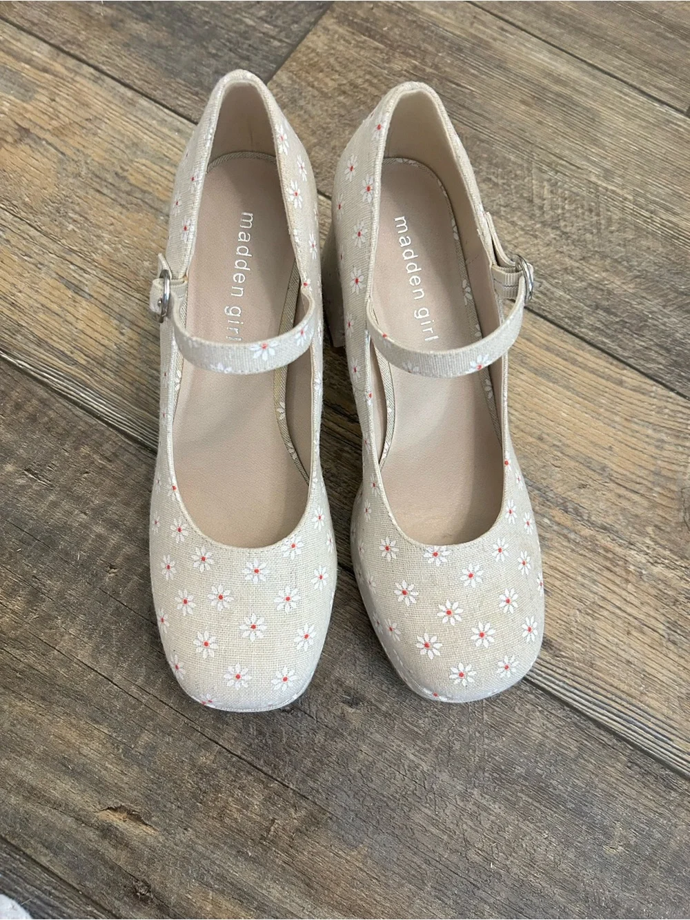 Madden Girl Beige Floral Mary Jane Block Heels - Picture 2 of 4